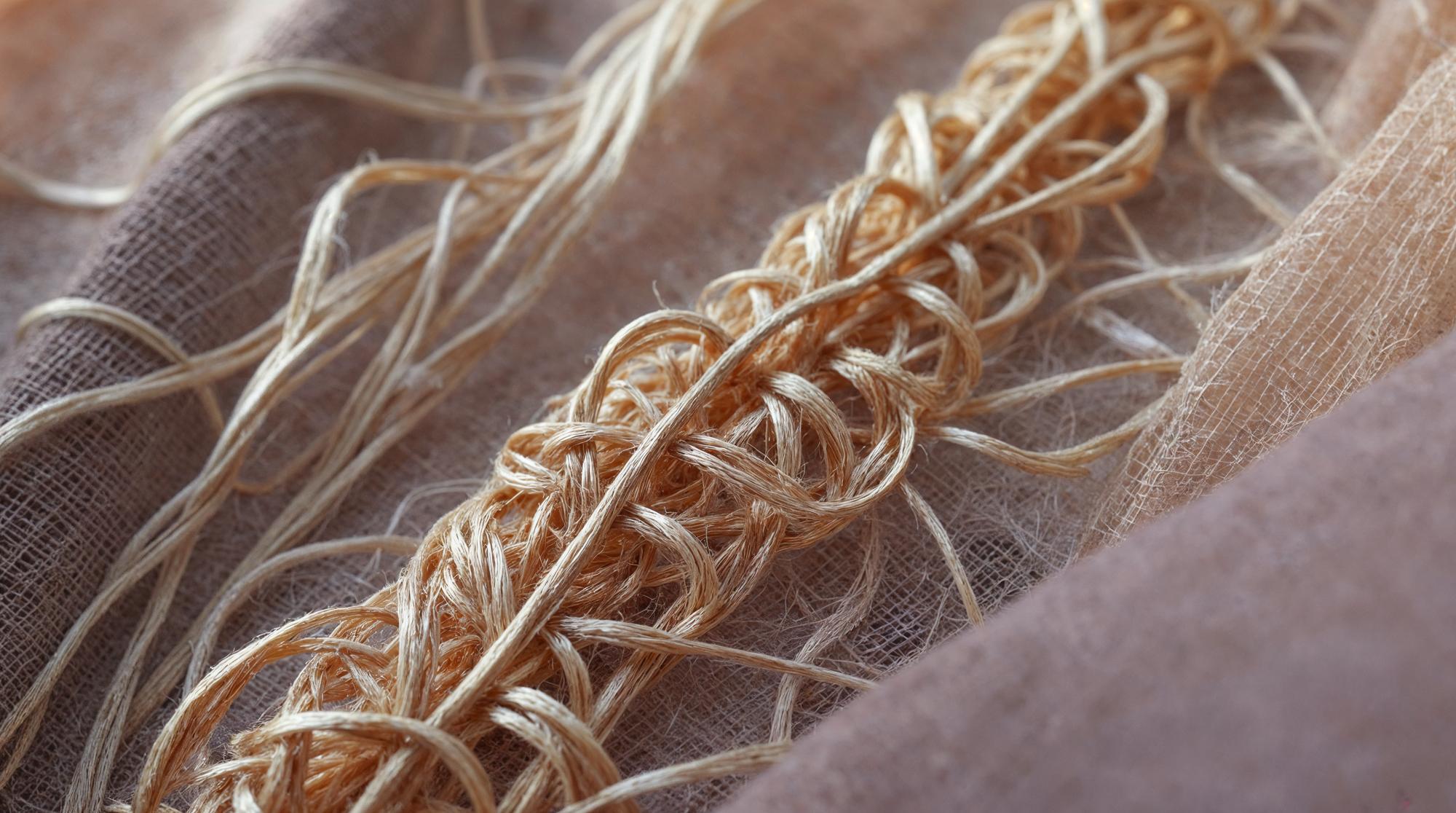 Delicate hand embroidery close-up on linen